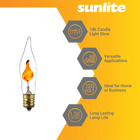 Tiny Chandelier Flicker Flame Light Bulbs Set Orange Color E12 Candelabra Base Decorative Holiday Lighting Warm Candlelike Glow 3 Watts Each 12 Pack For Chandeliers Lanterns And Festive Decor bulb illustration with details