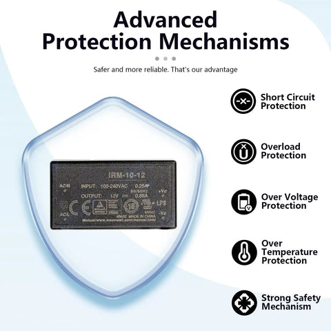 Top Tier 10W Ac Dc Power Brick Powers Up Clean 12V 0.85A Direct Current with advanced protection mechanisms displayed.