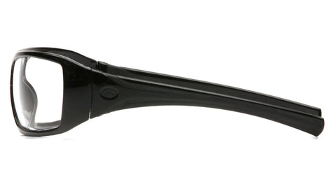 Side view of Straight Up Reliable Goliath Safety Glasses featuring clear polycarbonate lenses and black rubber temples.