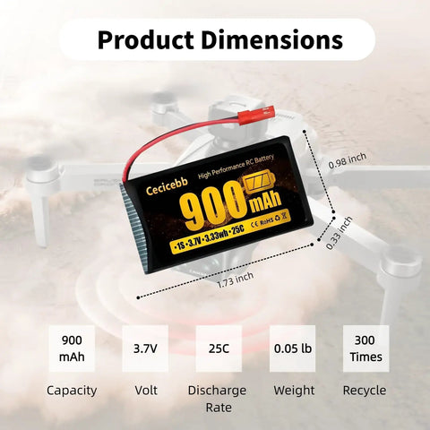 3.7V 900mAh LiPo Battery With JST Plug For MJX Syma Holy Stone Sky Viper RC Drones dimensions and specs