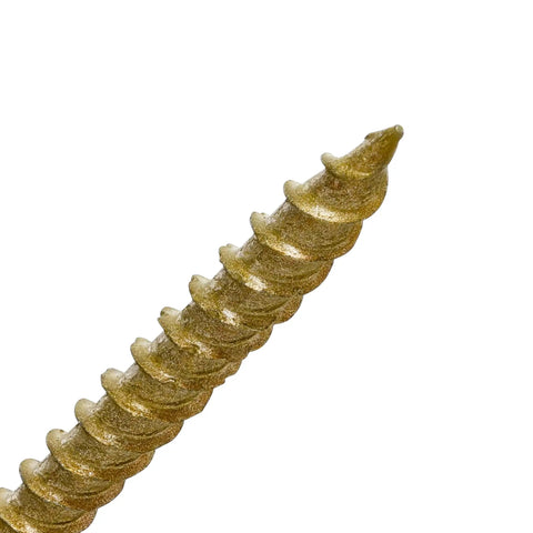 Close-up of bronze epoxy-coated tip of All-Purpose Exterior Wood Deck Screws For Outdoor Projects Size Ten By Two And A Half Inches