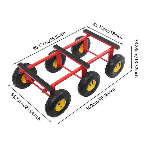 Rock Solid Six Wheel All Terrain Dolly 1200 Pound Heavy Duty Moving Cart with ten inch inflatable tires and dimensions.