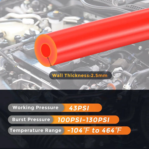 Red Dope Silicone Vacuum Hose For Automotive Use, cutaway view showing 2.5mm wall, 10 Ft Length, 5 32 Inch ID, high temperature, 130 PSI.