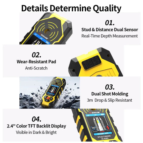 Heavy Duty 4 In 1 Stud Finder Wall Scanner With Digital Hd Screen and Deep Scan Mode for Dead On Accuracy, featuring dual sensor and backlit display.