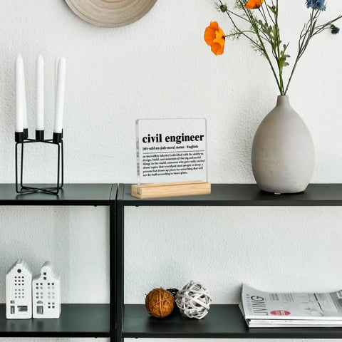 Clear Acrylic Desk Plaque Sign For Civil Engineers Cool Office Decor Gift For Engineers Engineering Gifts For Civil Engineer Definition Plaque 4x4 Inch Sign With Wood Stand Desk Decor displayed on shelf