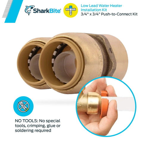 Close-up of Three Quarter Inch Water Heater Connection Kit With Push To Connect Brass Fittings For PEX Copper CPVC PERT HDPE Pipes