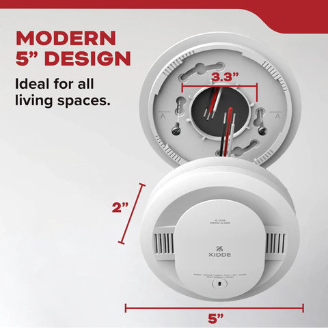 Rock Solid Hardwired Smoke Detectors With AA Battery Backup And Interconnectable Wiring For Whole House Coverage Includes Bright LED Indicators And A Kickin Loud Alarm In A Four Pack Setup shown with dimensions of 5 inches and 2 inches.