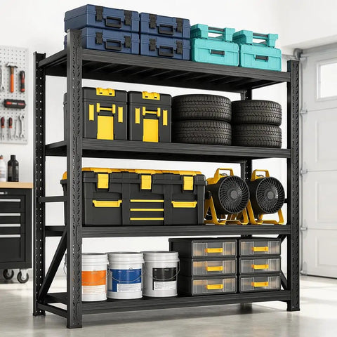 Heavy Duty Four Tier Steel Shelving Unit Measuring 59 By 59 By 24 Inches Boasting Six Thousand Four Hundred Pound Capacity For Rugged Garage Storage With Tools And Tires.