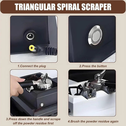 Triangular spiral scraper setup instructions showing plug connection and espresso portafilter cleaning process with electric portafilter cleaner.