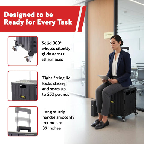 Woman seated on Quik Cart 360 Rolling Crate With Wheels Collapsible Utility Cart For Teachers On The Go And Home Use Heavy Duty Folding Cart With Seat Telescoping Handle 80 Lb Capacity Durable Steel Frame Black in office setting.