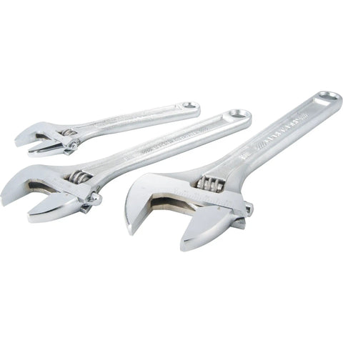 3-Piece All Steel Adjustable Wrench Set with Metric and SAE scale, corrosion resistant chrome finish, wide jaw openings.