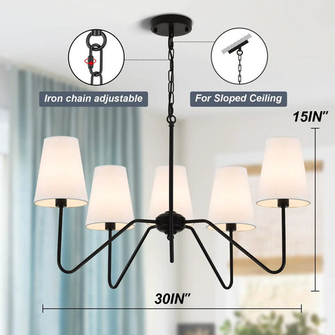 Dope Modern 5 Arm Pendant Chandelier For Dining Room With White Fabric Shades Matte Black Finish 30 Inch Diameter