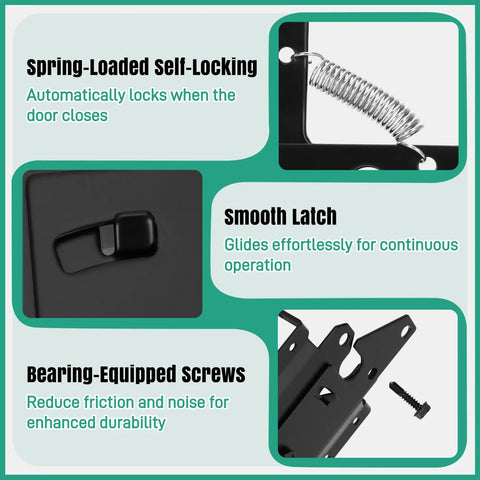 Self Closing Gate Hinge And Latch Hardware Kit features spring-loaded lock, smooth latch, and bearing-equipped screws