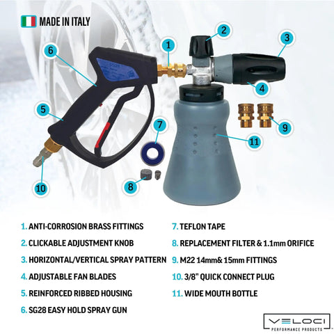 PF22 Foam Cannon And SG28 Trigger Gun Kit For Pressure Washer, Pro Grade Car Wash System, Made In Italy, showing parts and features.