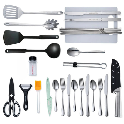All In One Camping Cooking Utensils Set With 40 Pieces Portable Kitchen Kit For Outdoor Grilling Picnics RV And Car Campers Tent Camping And BBQ Essentials Gear, showing stainless steel cutlery, nylon spatula, and tongs.
