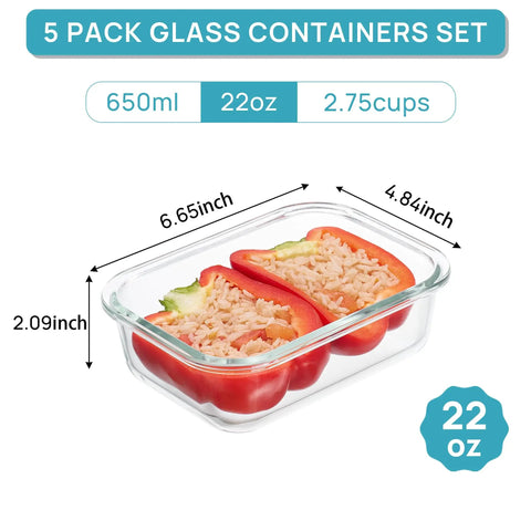 22oz glass meal prep container with snap airtight lid, filled with stuffed red peppers, dimensions shown, part of 5 pack
