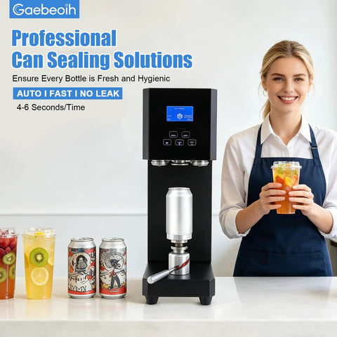 Smiling woman with Pro Grade 370W Automatic Sealing Machine For Milk Tea Bottles And Tea Drinks next to sealed cans