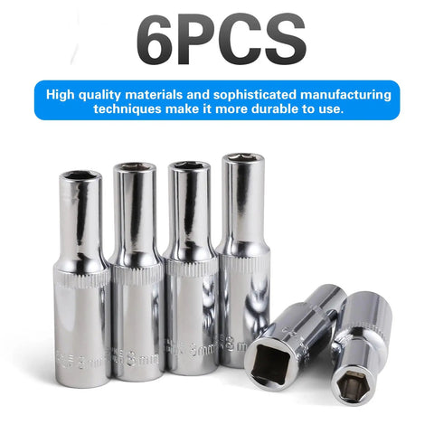 Six-piece 8mm Deep Socket Set 3/8 Inch Drive 6 Point With Radius Corner Design for slip-free gripping and rust-resistant build