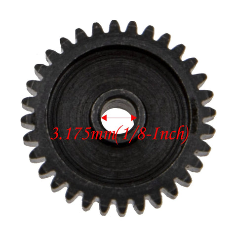 Close-up of hardened steel 48P pinion gear showing 3.175mm shaft diameter
