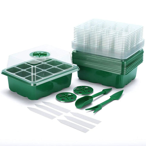 120 Cell Seed Starter Kit With 10 Seedling Trays 12 Cells Each Humidity Dome Green Base Plant Tags And Hand Tool Set