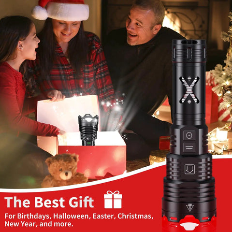 Crazy Bright Rechargeable LED Flashlight With Up To 100000 Lumens Zoomable Beam opened as a gift by a family