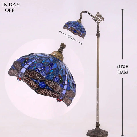 Image of Blue Stained Glass Dragonfly Tiffany Style Floor Lamp with Arched Gooseneck, 64 inches tall, 12 inch lampshade.