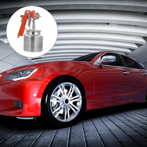 Heavy Duty Pneumatic Paint Sprayer Built Tough As Nails For Clean Smooth Automotive And Fence Coatings No Fuss Setup shown by car and sprayer.