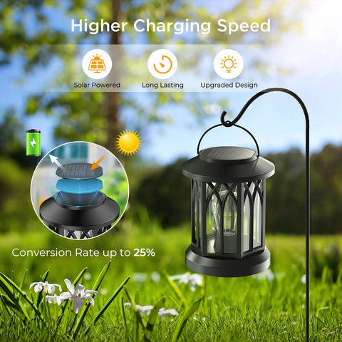 Outdoor Solar Lanterns Waterproof Hanging Lights For Backyard with solar panel illustration and garden setting