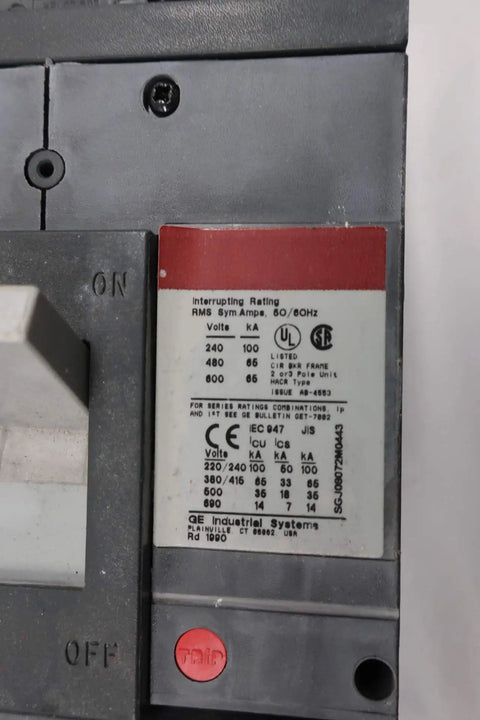 Label and specs of Pro Grade Heavy Duty Three Pole Six Hundred Amp Circuit Breaker Featuring Spectra Rms Series Build.
