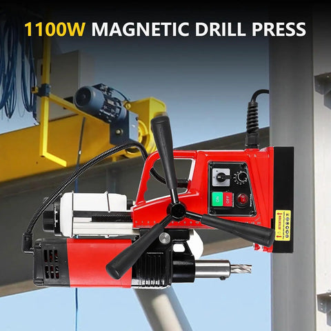 Heavy Duty Magnetic Drill Press 110V With Power Cord displaying electric motor, controls, and drill bit, ideal for metal boring.