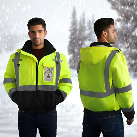Heavy Duty Class 3 Hi Vis Reflective Jacket For Men, Waterproof Winter Bomber Work Coat, shown from front and back in snowy setting.