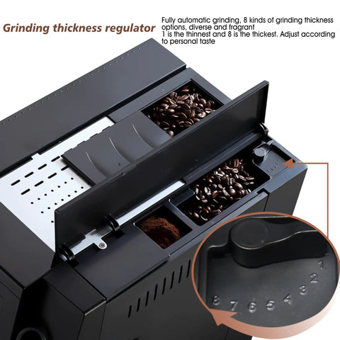 Knockout Commercial Coffee Maker With Built In Bean Grinder And Eight Precision Settings showing grinding thickness regulator and coffee beans.