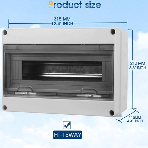 Beefy Waterproof Distribution Protection Box For Indoor Outdoor Wall Circuit Breakers, Rugged ABS Plastic Enclosure With Clear Cover, IP65 Weatherproof Electrical Box For 15 Way HT 15WAY Systems, 315x210x110 mm
