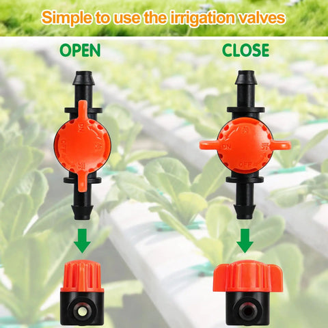 Drip Irrigation Barbed Locking Switch Valves Kit, 35 Pieces For Quarter Inch Drip Tubing, showing open and close valve positions.