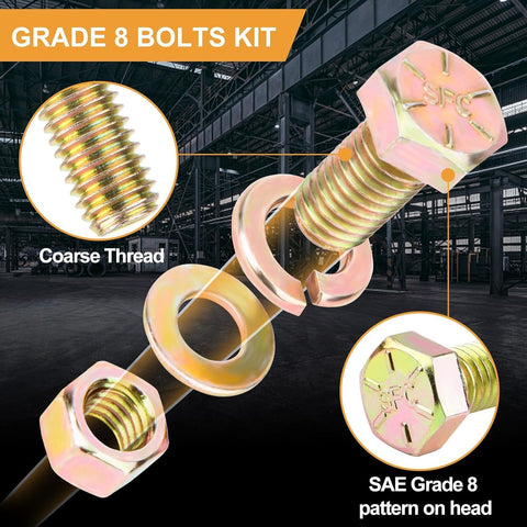 1004 Piece Beefy Grade 8 Nuts And Bolts Kit With SAE Sizes showing bolt, washer, and nut assembly with zinc finish