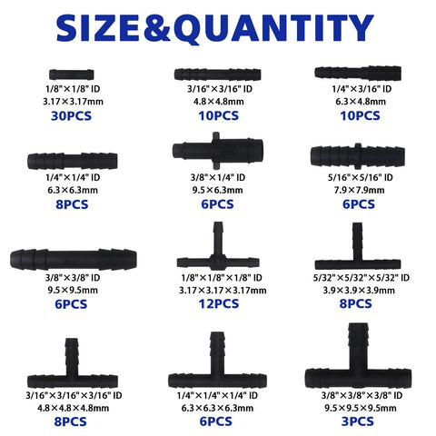 113-piece vacuum connector kit in black nylon; automotive tubing fittings, heat resistant to 240°C