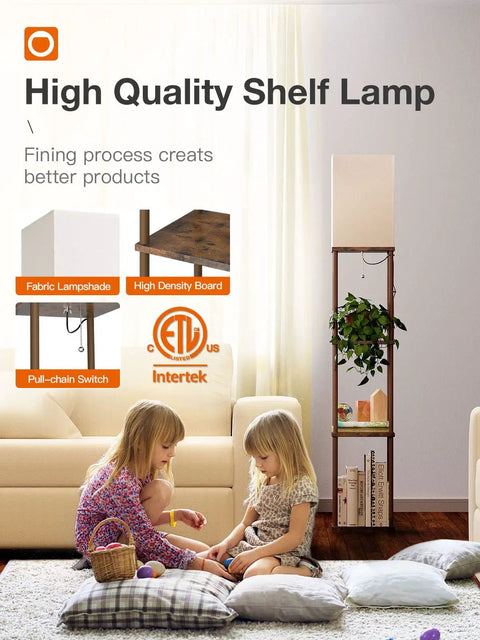 Floor Lamp With Shelves, Dual USB Ports And Built In Outlet, Remote Controlled, 3 Color Temperature LED Bulb next to sofa.