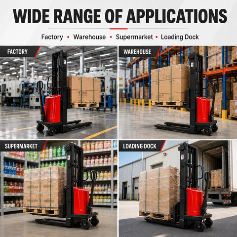 Heavy Duty Carbon Steel Semi Electric Pallet Stacker With 1.6KW Motor And 3500 Lb Capacity for factory, warehouse, supermarket, loading dock.