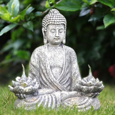 Chill Zen Buddha Statue With LED Solar Lotus Lights For Garden Patio Decor Sitting Meditating Sakyamuni Figurine on grass