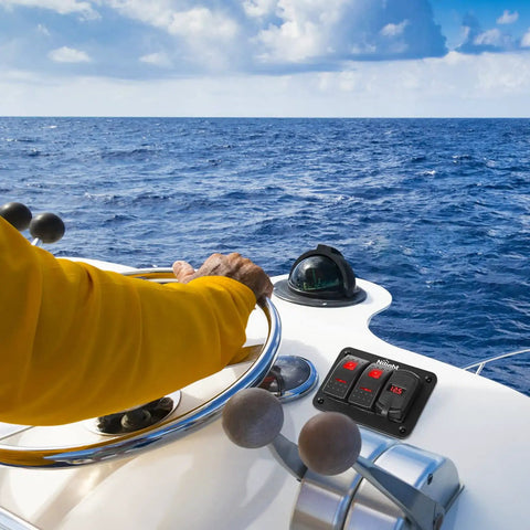 Sailboat dashboard with 2 Gang Rocker Switch Panel With Red Backlight, 4.8 Amp Dual USB Charger, Voltmeter, Waterproof 12V 24V DC