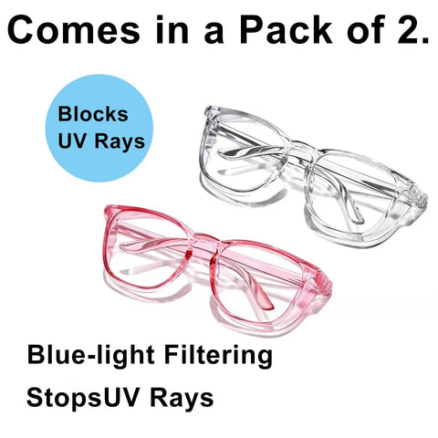 2 Pack Woman Safety Glasses Stand Guard Against Dust And Blue Light With Anti Fog Side Shields Pink Clear Frames Kick Glare While You Grind At Computer Desk UV400, featuring pink and clear frames.
