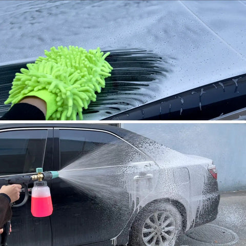 Compact Pressure Washer Gun with Foam Cannon for Cars and Car Wash Mitt removing soap suds from black car