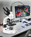 Trinocular Compound Microscope 40X-5000X Magnification For Adults With Dual Mechanical Stage And HD USB Camera Pro Grade Stereo Microscope With Wide Field Eyepieces Digital Eyepiece And Precision Optics For Research And Education on lab desk