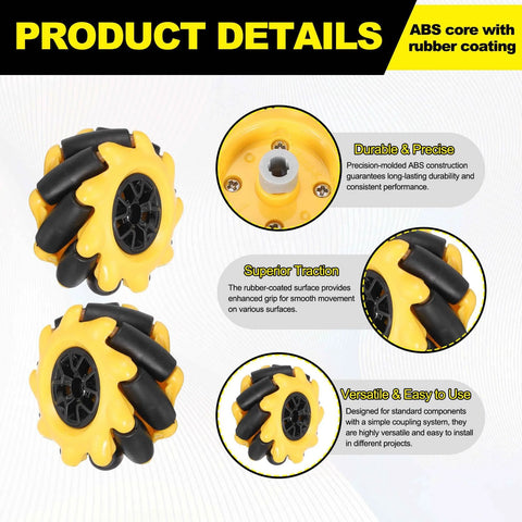 Yellow Mecanum robot wheels with ABS rubber coating highlighting durable precision, superior traction, and versatility for robotics.