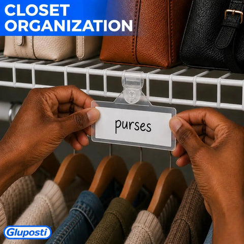 Keep Your Pantry Looking Crisp With These Ridiculously Sweet Clear Wire Shelf Label Holders For Home Organization And Retail Displays Featuring Reusable Clip On Pockets For Adhesive Tags Measuring 3 By 1.25 Inches Tall, showing a hand attaching a label for purses.