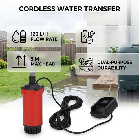 Heavy Duty Cordless Submersible Water Transfer Pump Delivers Strong 120 Liter Flow With 21V Lithium Ion Power features a red compact design with a long cord.