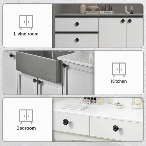 Single Hole Black Solid Zinc Alloy Cabinet Handles Eight Pack With Floral Embossed Drawer Pulls on cabinets in living room, kitchen