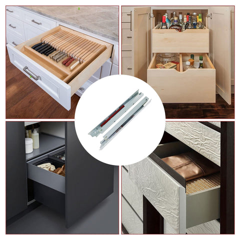 Various kitchen drawers showcasing 15 Inch Undermount Drawer Slides 10 Pack Built Tough Full Extension Soft Close Concealed Runners.