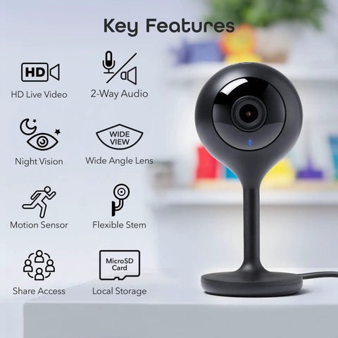 1080P Indoor Security Camera With WiFi For Real Time HD Video, 2 Way Audio, Motion Alerts, Night Vision, Remote Access, And Alexa Google Assistant Compatibility For Easy Smart Home Monitoring 1 Pack, showing key features with icons.