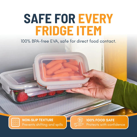 Non Adhesive Refrigerator Liners 8 Pack Bpa Free Fridge Shelf Mats For Kitchen Cabinets Easy To Wash Clear Drawer Pads with stacked food containers in a fridge.